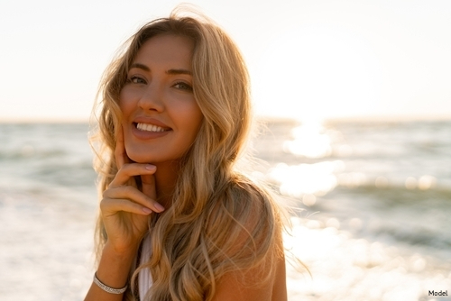 Woman with long blonde hair at the beach smiling