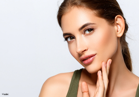 Woman with clear, bright skin gently touching her face
